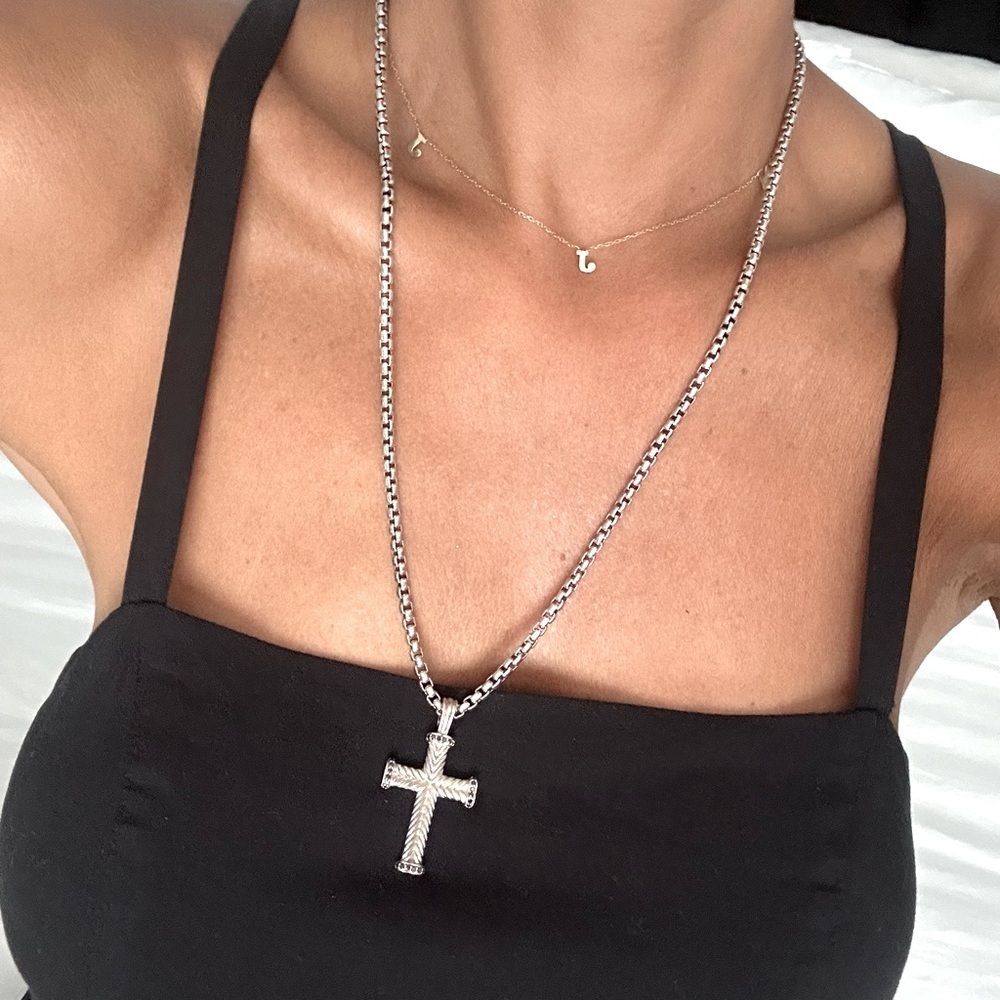 David Yurman Cross pendant with genuine pave black diamonds + box chain necklace